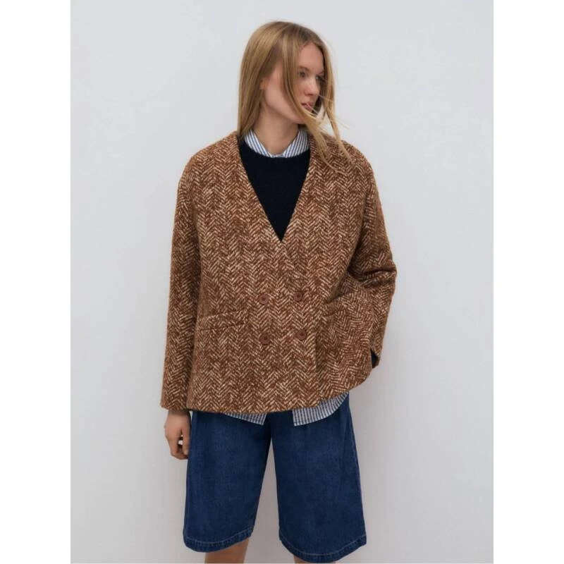 The New Society 棕色人字纹V领外套