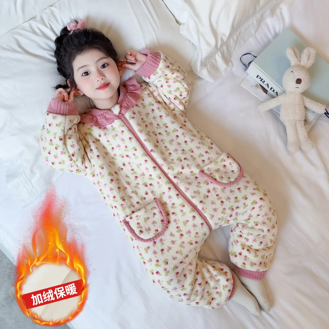 女童连体睡衣秋冬加绒宝宝婴儿睡袋冬季加厚保暖儿童法兰绒家居服