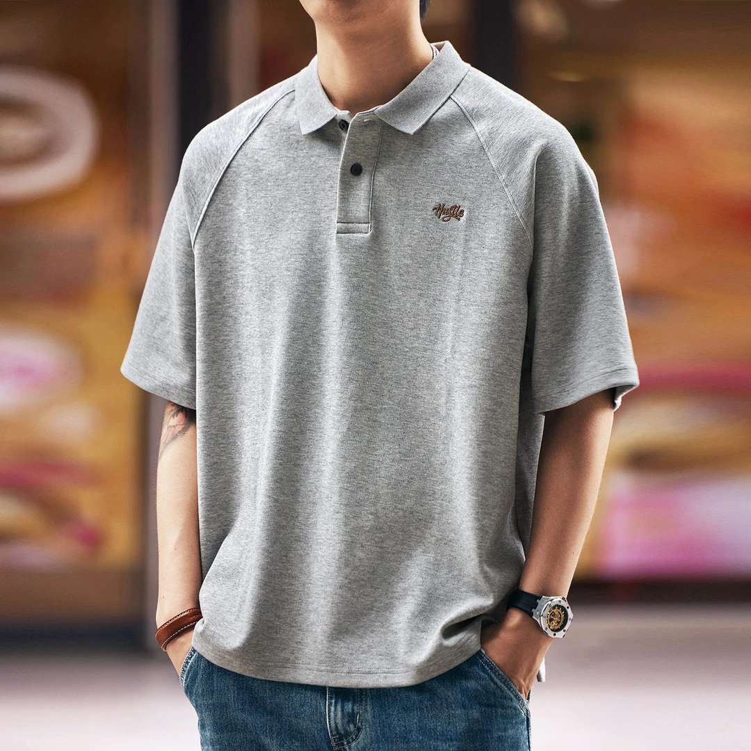 格蓝鹿高端潮牌落肩五分袖polo衫男夏季新款宽松翻领短袖体恤上衣