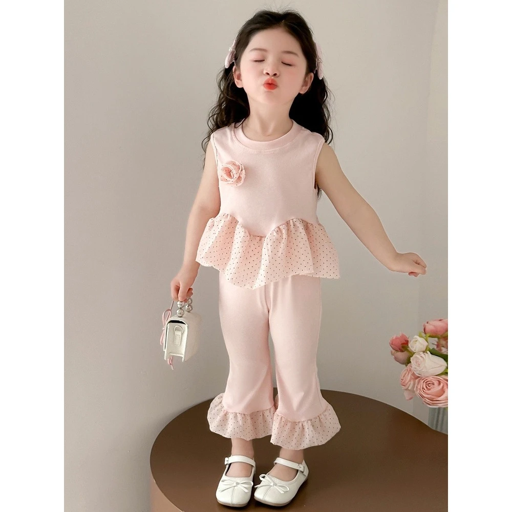 夏季新款甜美女童休闲套装薄款纯色无袖T恤喇叭裤脚棉质斑点拼接