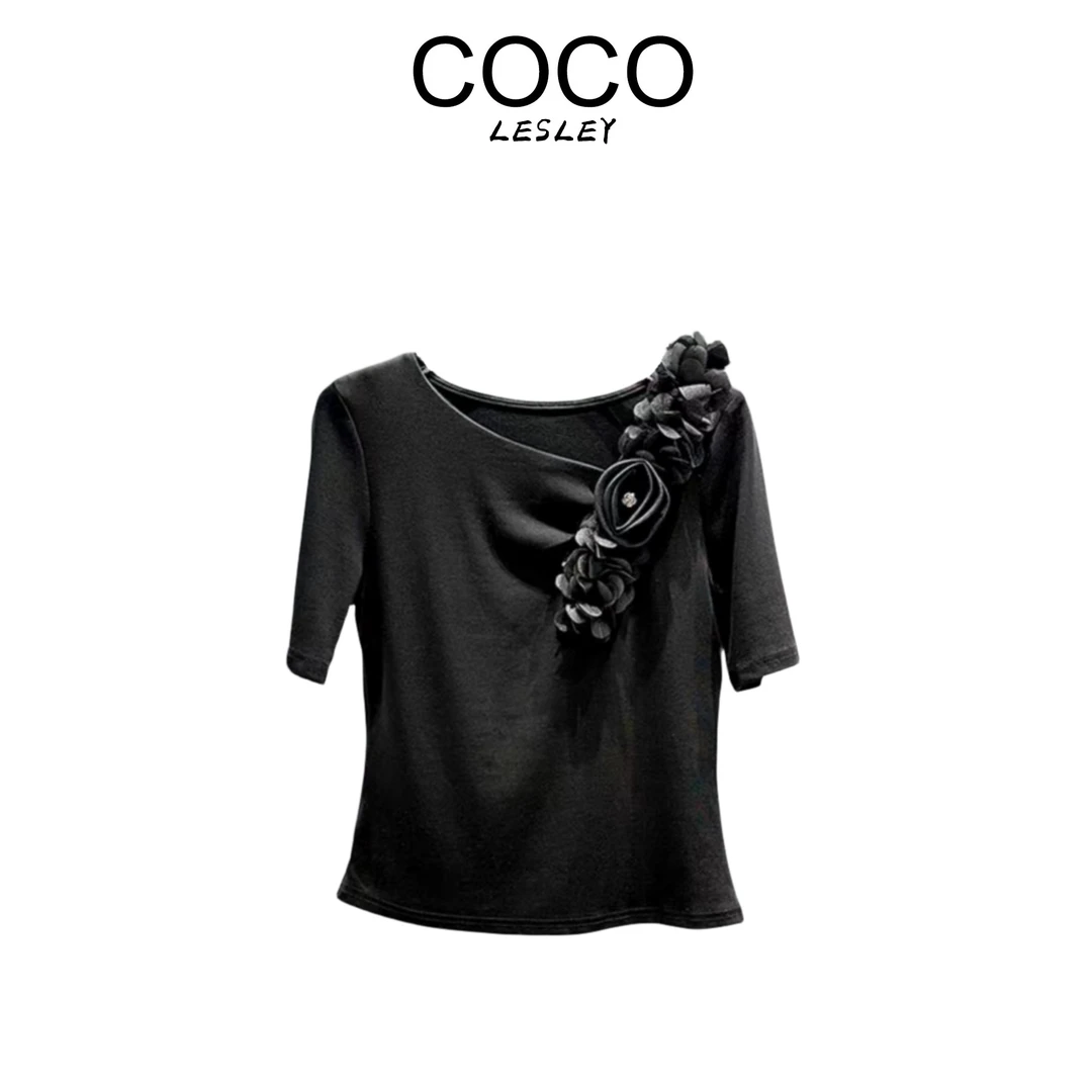 【COCO LESLEY】优雅精致单边花朵立体装饰短袖T恤短袖msl329