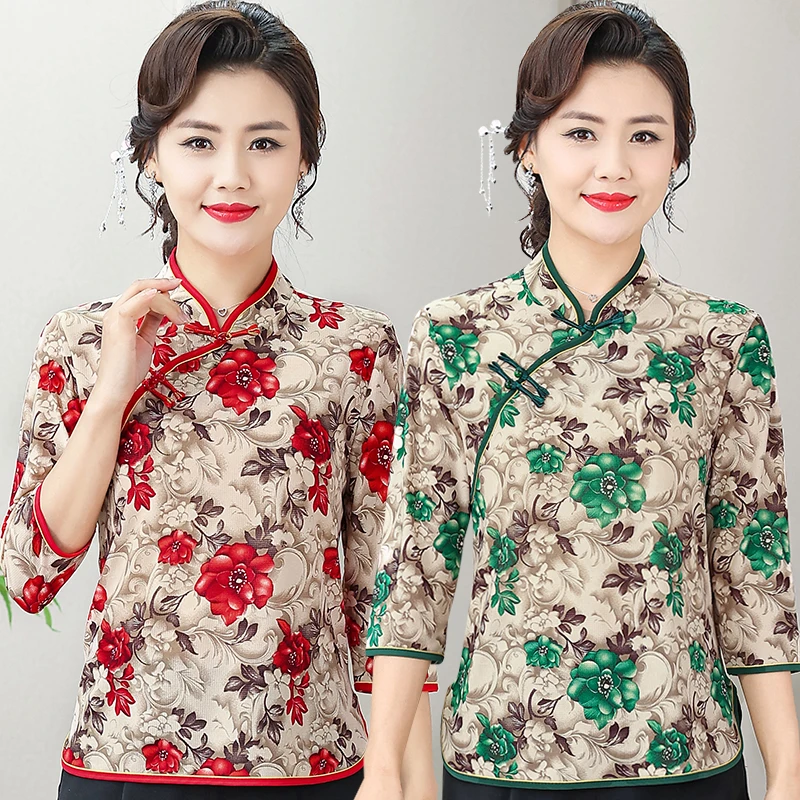 妈妈装弹力解扣旗袍小衫中老年大码女装立体印花唐装国风上衣薄款