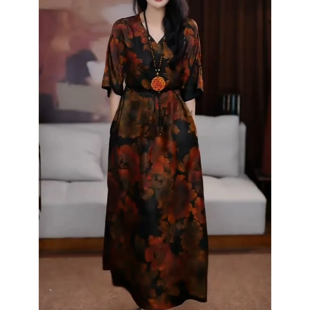 小众文艺风印花五分袖连衣裙2025秋季新款优雅贵夫人显瘦大码长裙