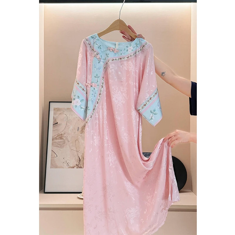 新中式国风高级感冰丝短袖睡裙女夏季2025新款显瘦别致睡衣家居服