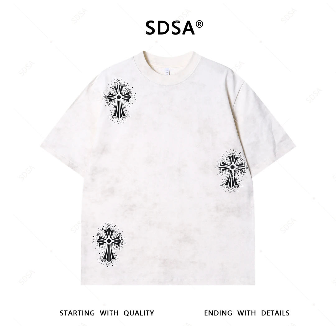 夏季高级感新款男士美式撞色十字印花烫钻短袖T恤重磅宽松上衣