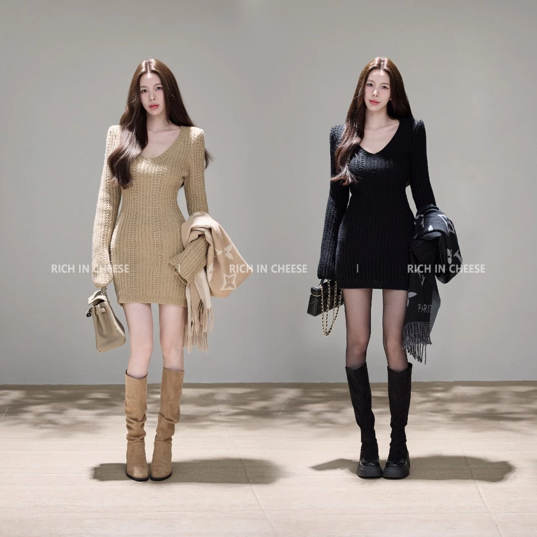 RICHINCHEESE 韩女毛线裙 绵羊毛秋冬修身显瘦粗棒毛线包臀连衣裙