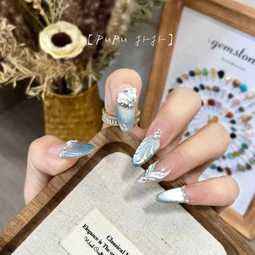 【蔚蓝鱼姬】温柔少女高级气质纯欲猫眼美甲纯手工穿戴甲