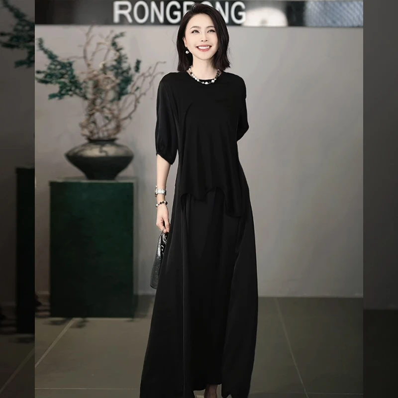 溶溶【落日漫游】RONGRONG醋酸花苞袖温婉假两件显瘦连衣裙F26QL790