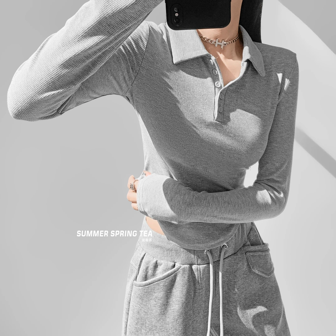 夏春茶美式复古翻领POLO衫女辣妹修身短款内搭针织打底衫ins