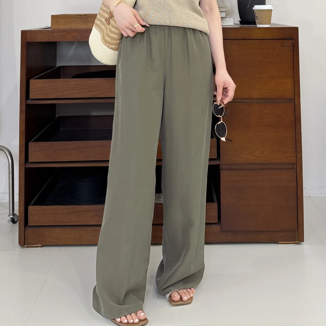 100桑蚕丝15姆米丨砂洗真丝电力纺松紧腰直筒阔腿裤-MY5891