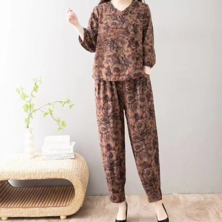 棉麻套装显瘦新款洋气时尚两件套大码女装印花宽松哈伦休闲裤