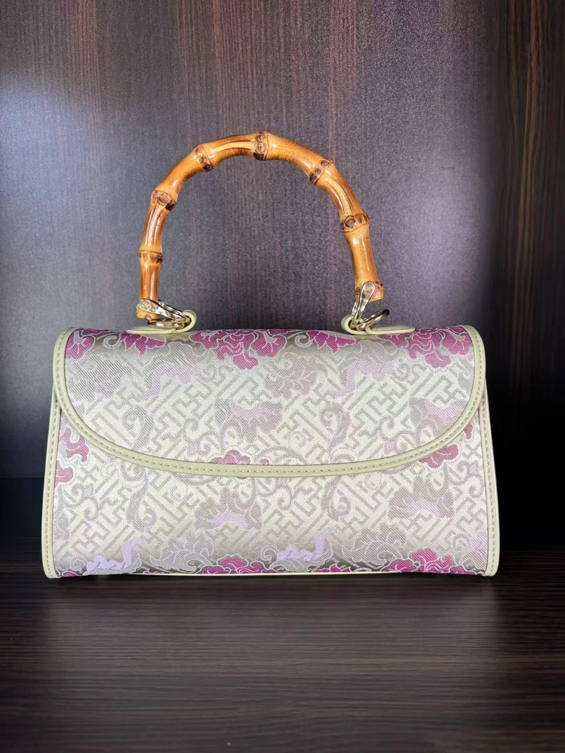 新中式宋锦手提国风斜挎包 中国风双面花竹节手提气质轻奢160