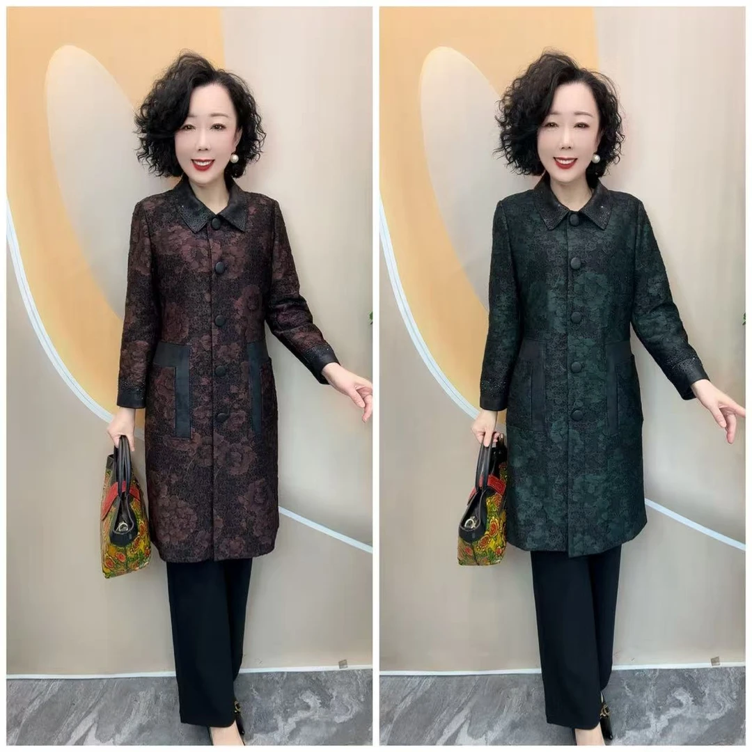 809新款翻领提花加衬里时尚宽松大码风衣外套，衣长100