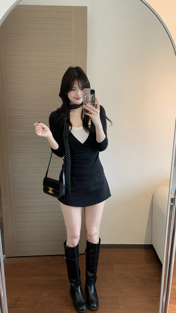 【肉肉】休闲气质感黑色V领假两件天丝t恤女早秋显瘦内搭打底上衣