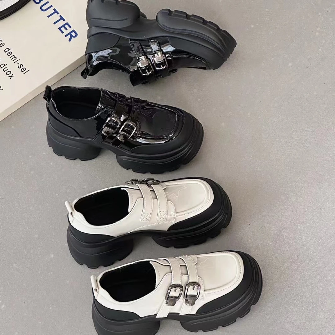 英伦风漆皮乐福鞋女2025秋季新款厚底圆头增高小皮鞋学院复古单鞋