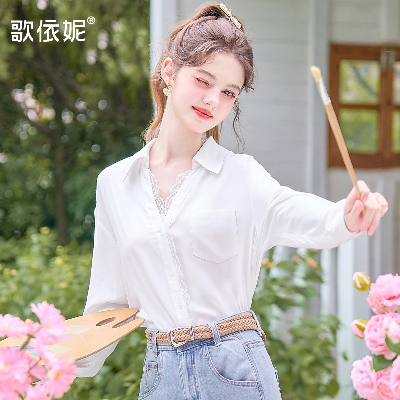 歌依妮秋季新款女甜美蕾丝V领设计感白色宽松长袖衬衫衬衣上衣