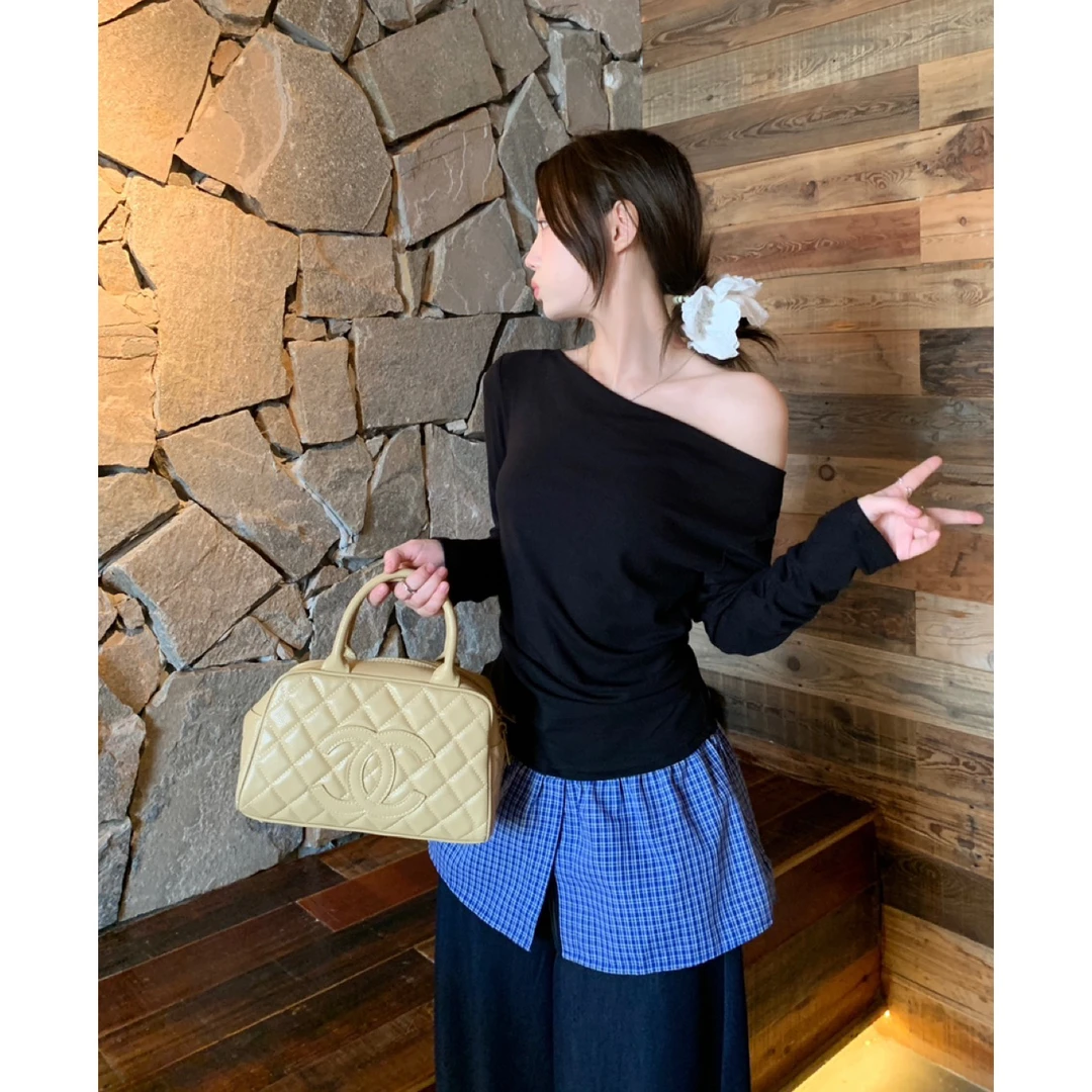 时尚百搭打底衫女春夏荡领慵懒宽松长袖假两件上衣+飘带