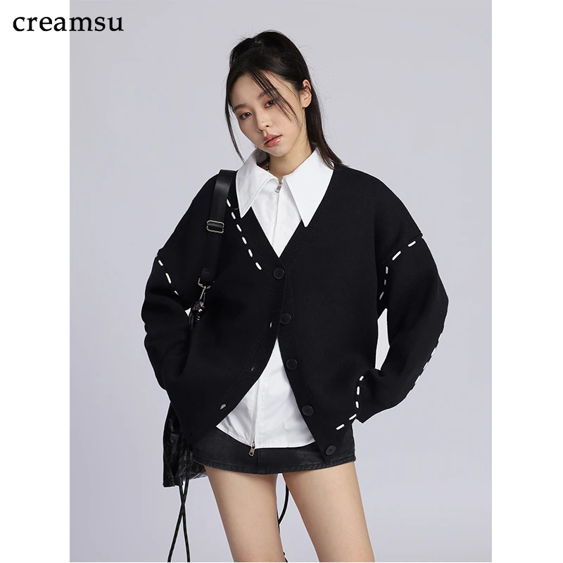Creamsu叙白 黑色白描线毛衣开衫女春新款小众宽松慵懒风针织上衣