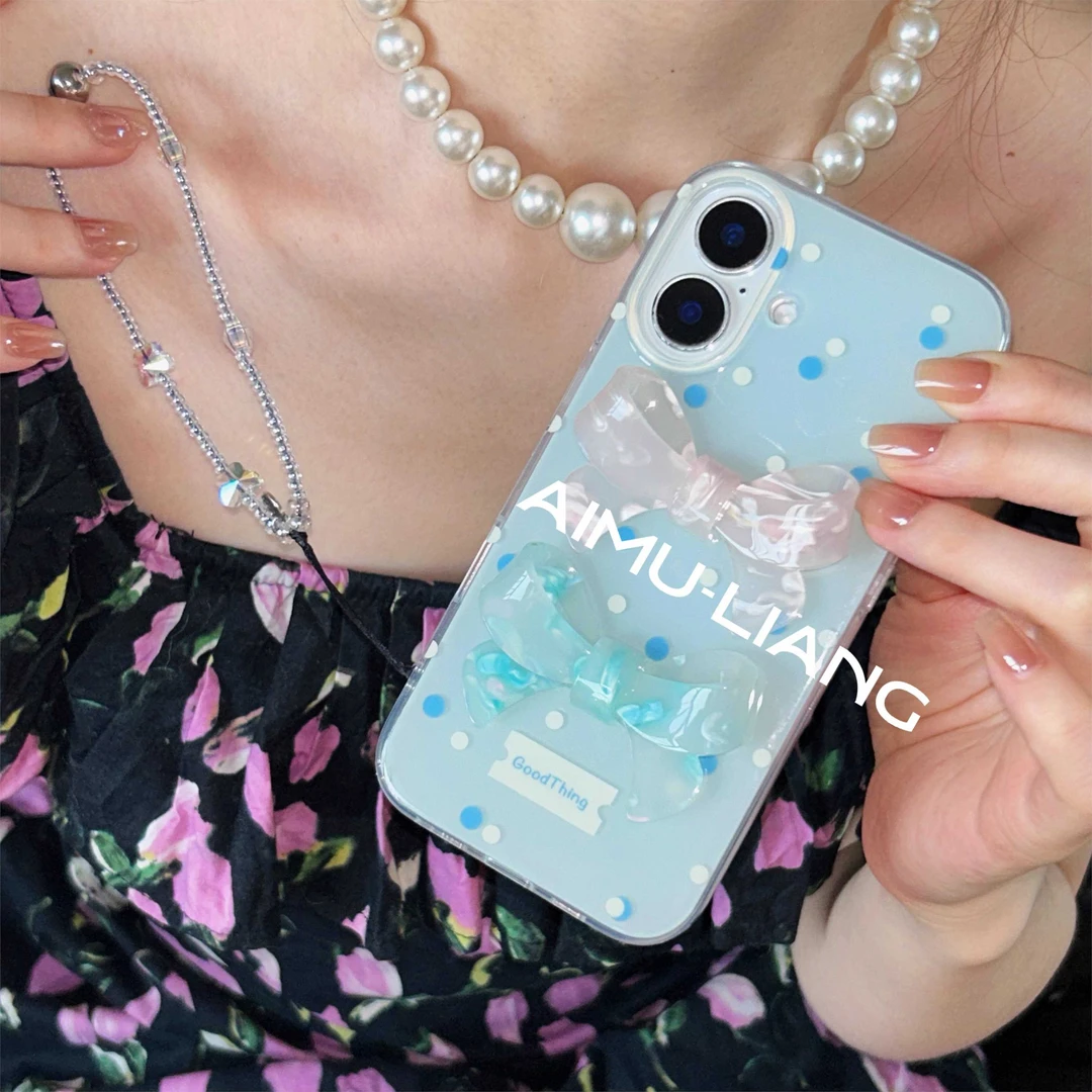 AIMU原创海汀蓝波点蝴蝶结适用苹果iPhone16promax手机壳151413