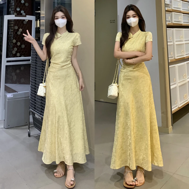 大码胖mm新中式立领纽扣轻国风气质温婉大小姐显瘦A字裙摆连衣裙