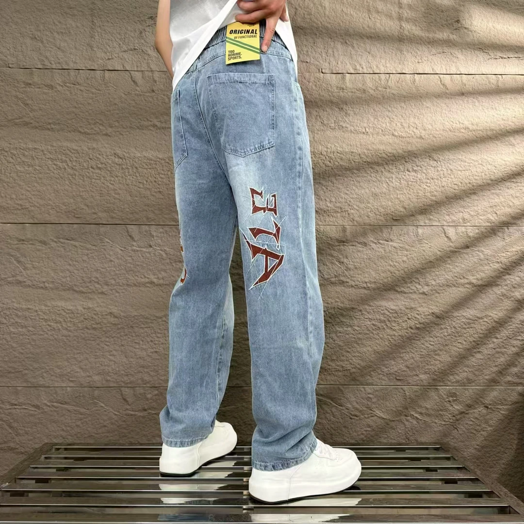 百搭男士薄款潮流直筒裤子潮流韩版松紧腰潮款牛仔裤爆款水洗宽松