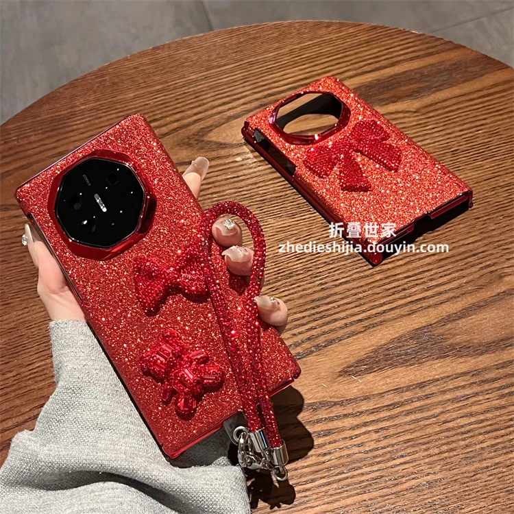 适用华为mate xts手机壳xt三折叠新年红色闪粉蝴蝶结双中轴全包女