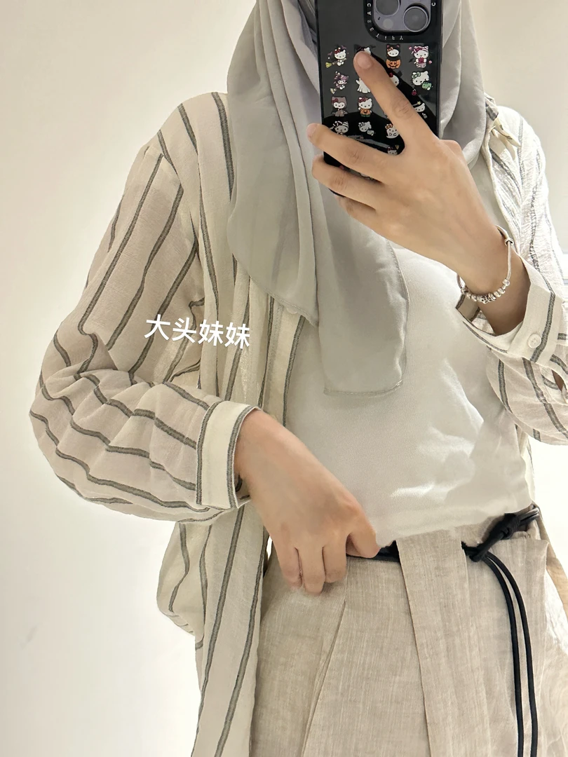 条纹麻感防晒衬衫