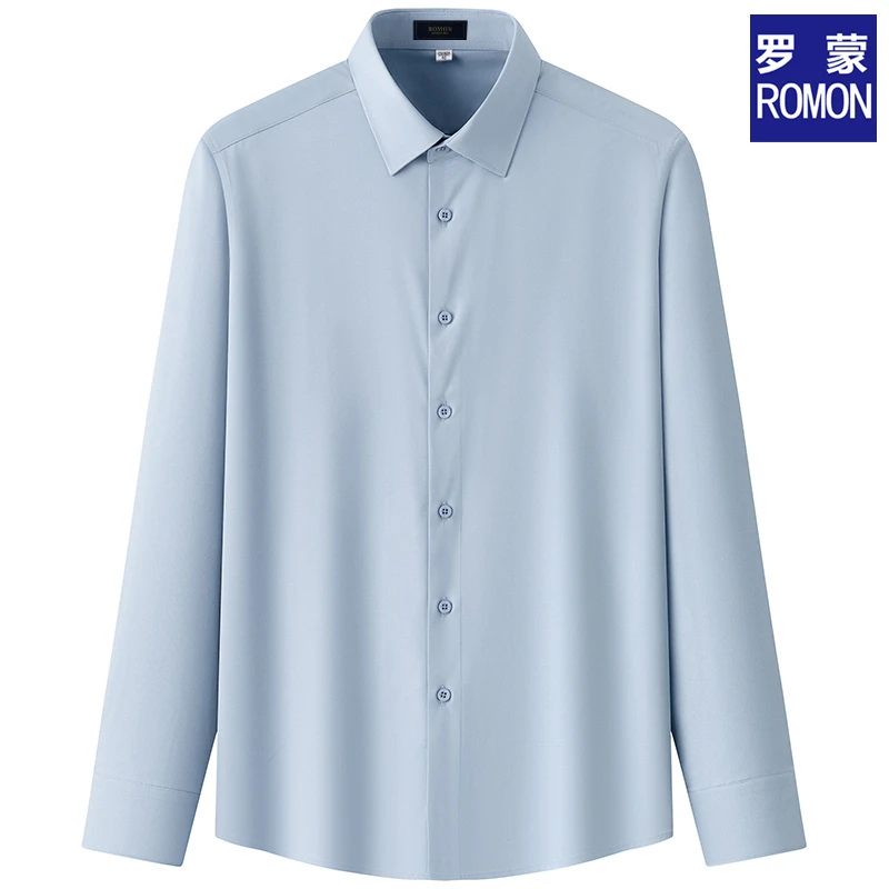 罗蒙高端商务中年男士长袖衬衫中年爸爸装透气免烫休闲男纯色衬衣