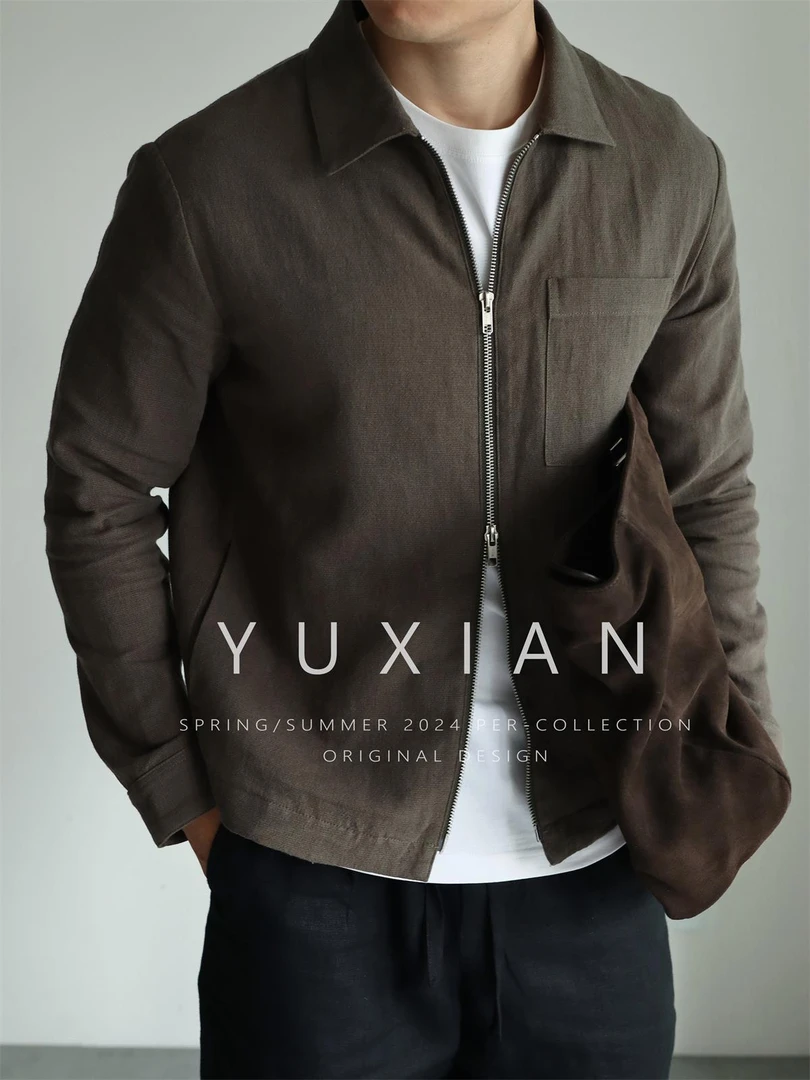 2025亚麻高级感翻领夹克简约通勤衬衫式秋冬外套男士