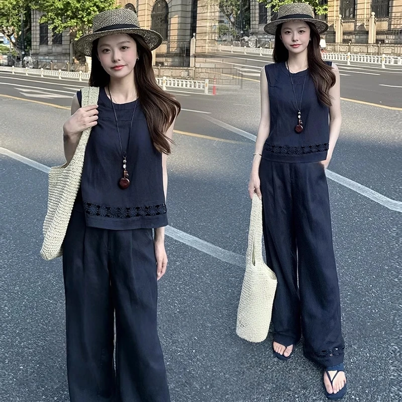 时尚套装女2025夏季新款花边拼接圆领无袖背心上衣闲阔腿裤两件套