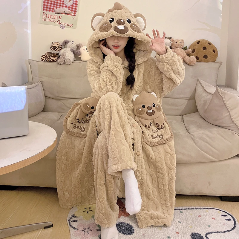 睡衣女秋冬季2025年新款珊瑚绒睡袍加绒加厚连帽套装法兰绒家居服