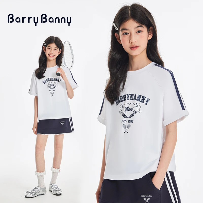 BarryBanny女童短袖T恤2025夏季新款儿童运动套装女孩圆领上衣