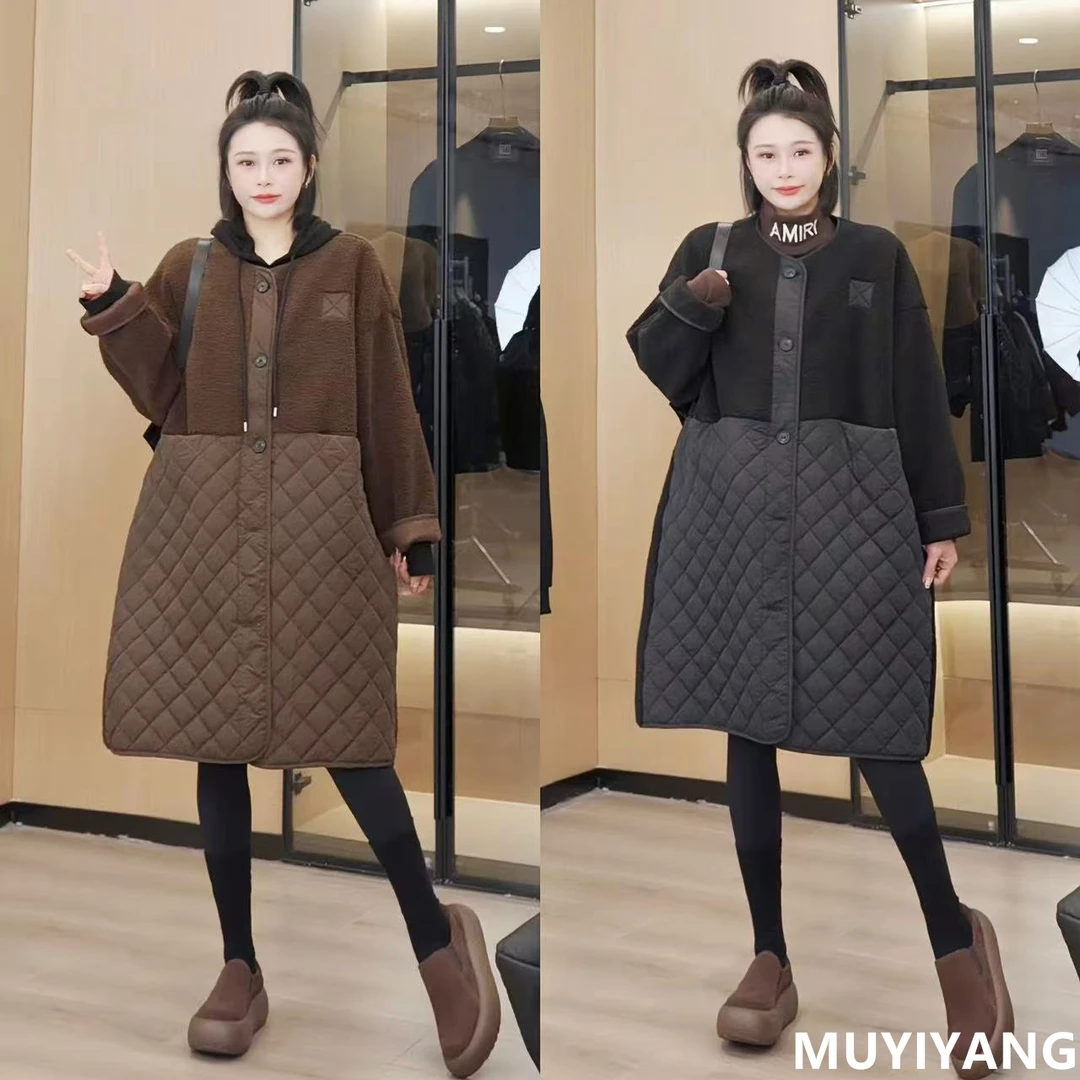 冬季保暖毛毛拼接菱形格夹棉过膝长款 衣长100 QC-001#