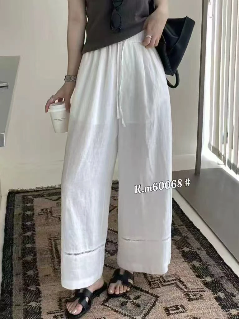 【茉】亚麻拼接边休闲直筒九分阔腿裤