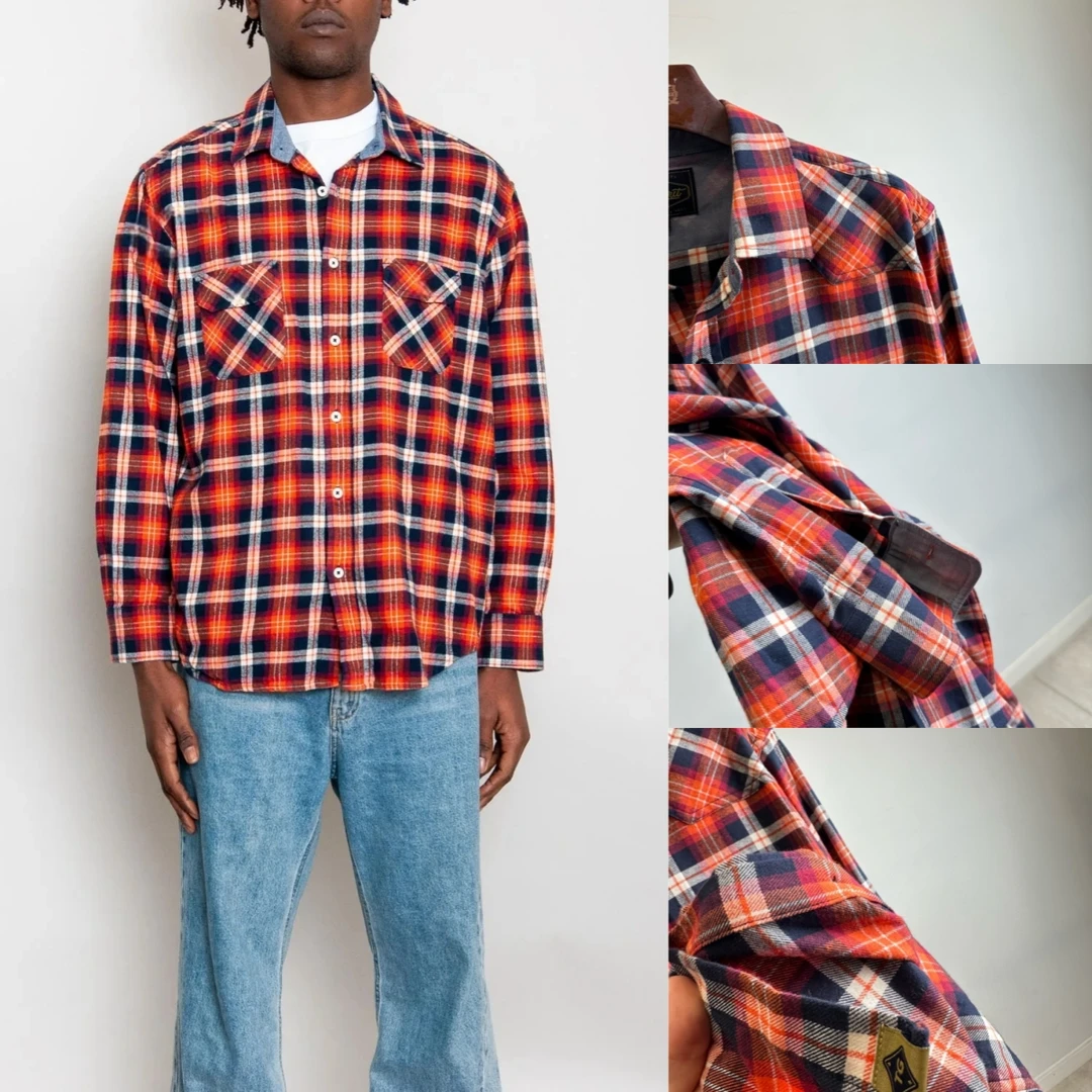 外贸男士大码长袖格子衫百搭翻领水洗棉衬衫休闲男款格纹衬衣5934