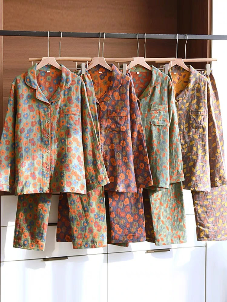 [商场同款] 日系春秋纯棉家居服女色织纱布长袖长裤睡衣套装宽松