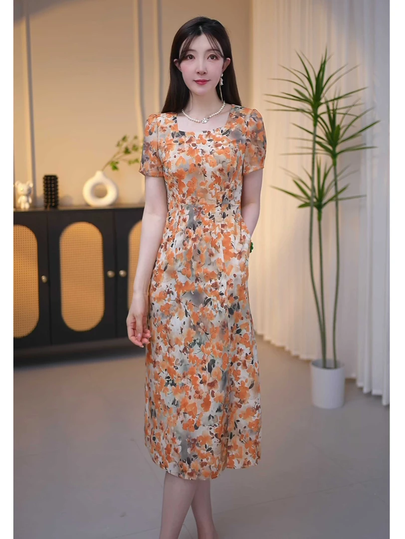 薇薇兰定制-#橙心如意时尚气质小众优雅复古收腰碎花连衣裙