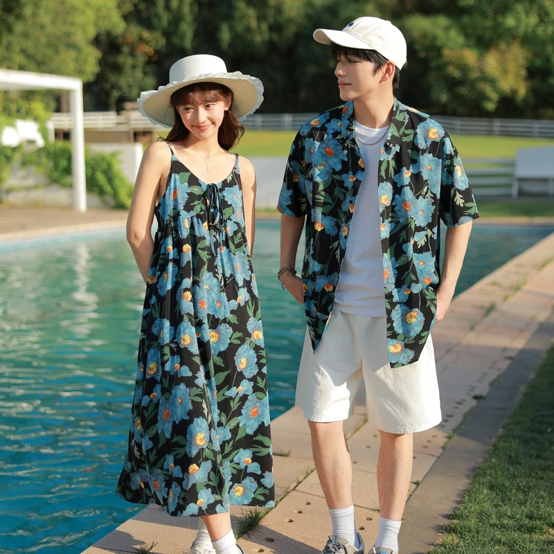 80-190斤主恋夏季情侣装花衬衫连衣裙男女学生小众设计高级感衬衣