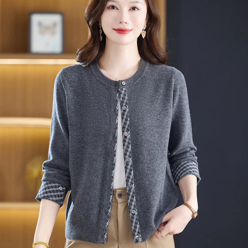 100纯羊毛衫毛衣针织开衫外套女秋冬季外搭上衣新款中老年妈妈装