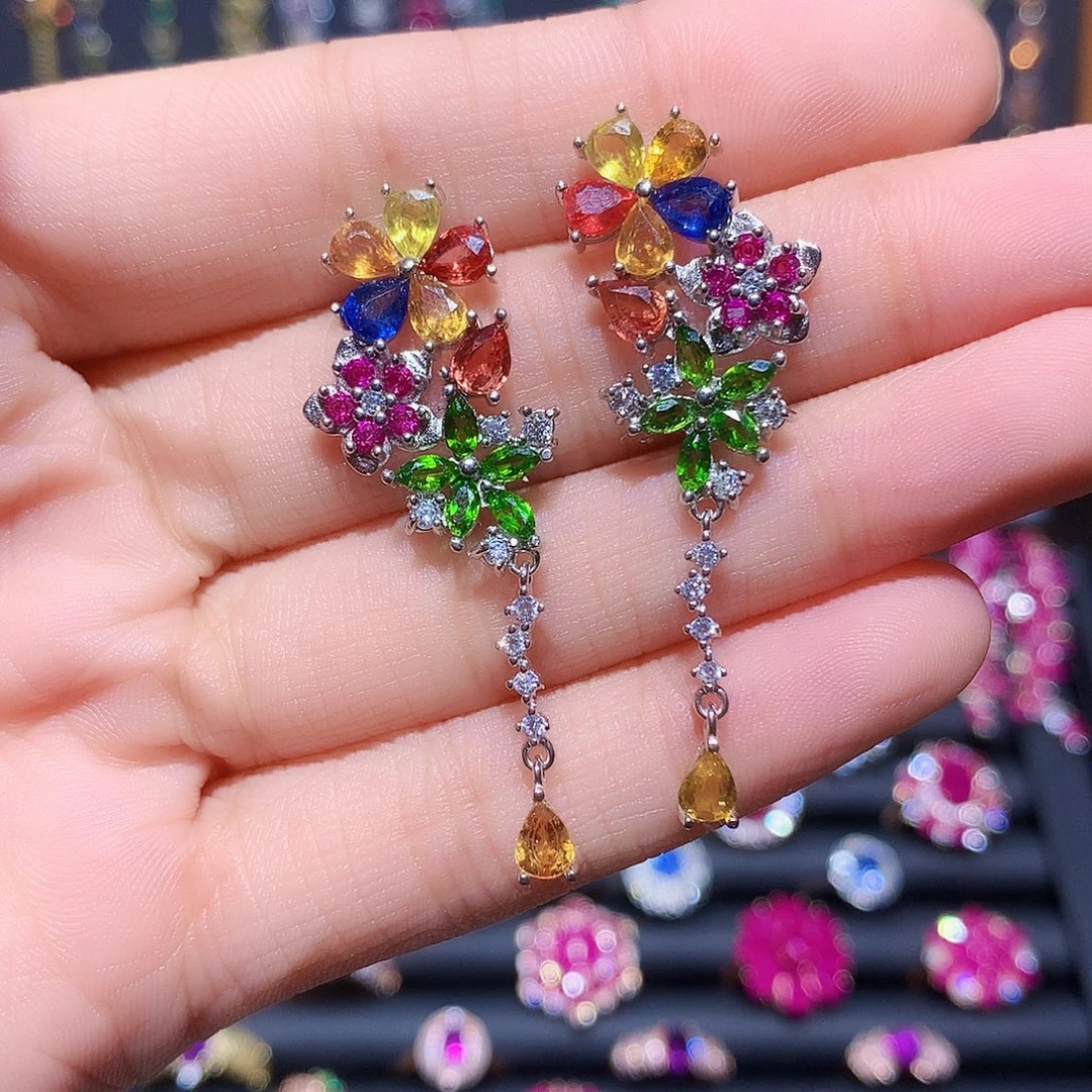 耳饰银S925镶嵌彩色蓝宝石