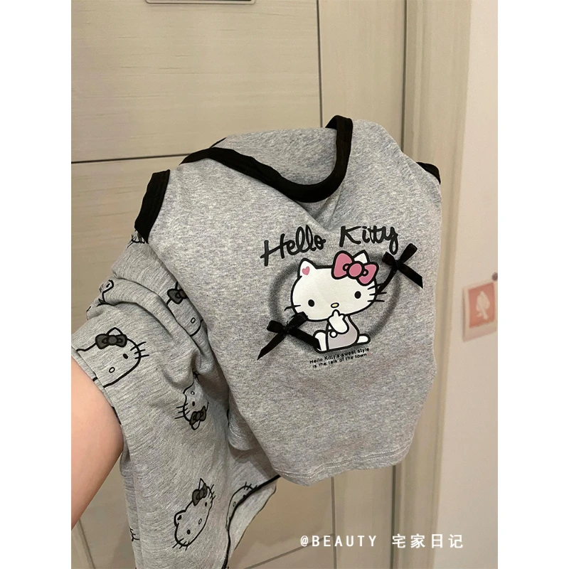 卡通印花带胸垫睡衣女夏季新款凯蒂猫背心短裤家家居服套装可出门