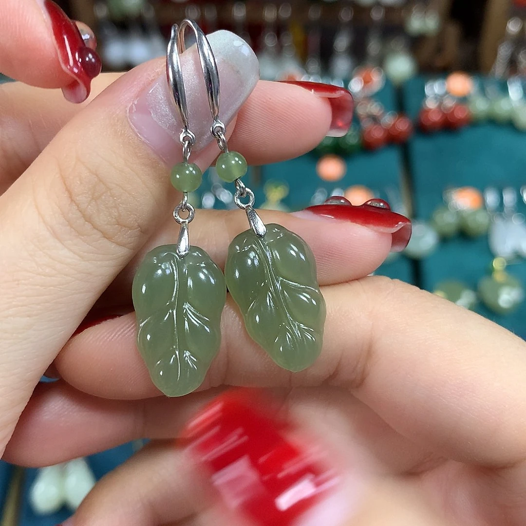 和田玉银S925镶嵌耳饰金枝玉叶