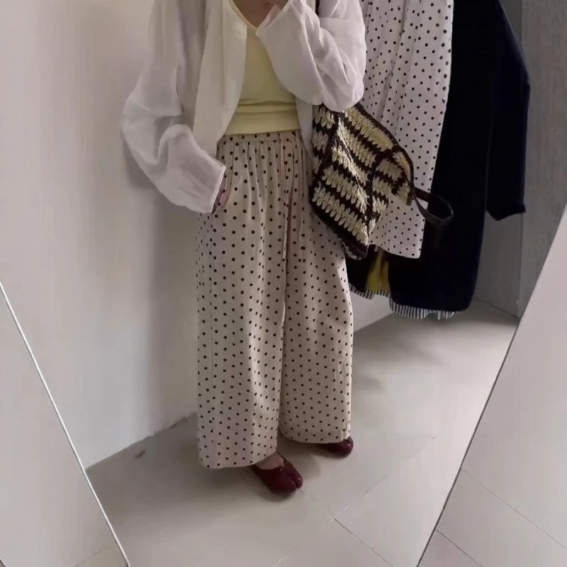 韩系松紧腰波点宽松阔腿裤女2025夏季新款设计感小众时尚百搭裤子