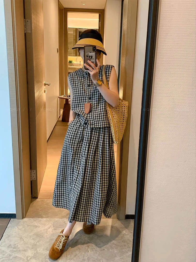 （有一点宅）黑白格子两件套装女2025夏季新款午休上衣+半身裙T219