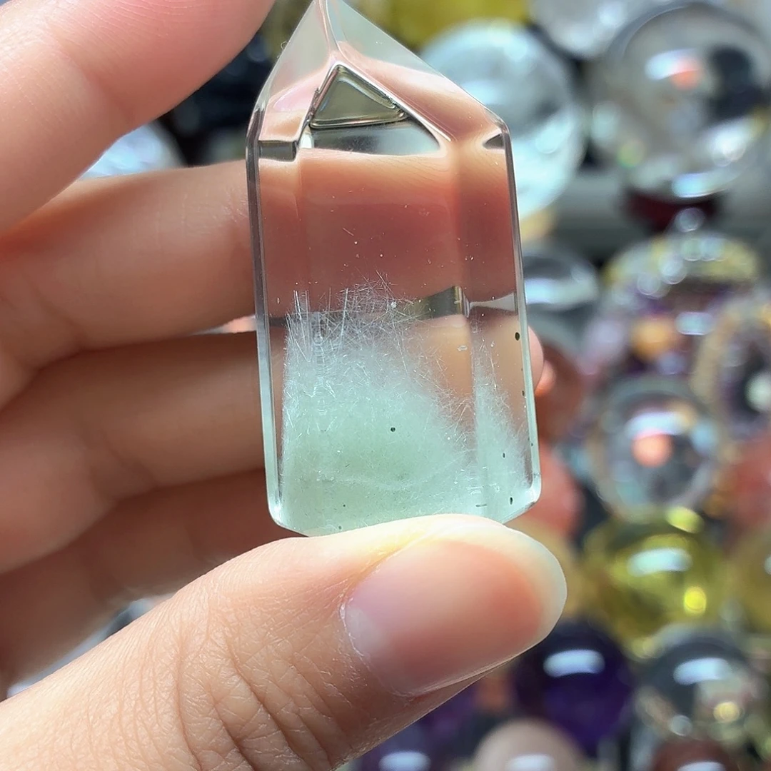 珠宝半成品水晶未镶嵌绿兔毛水晶柱