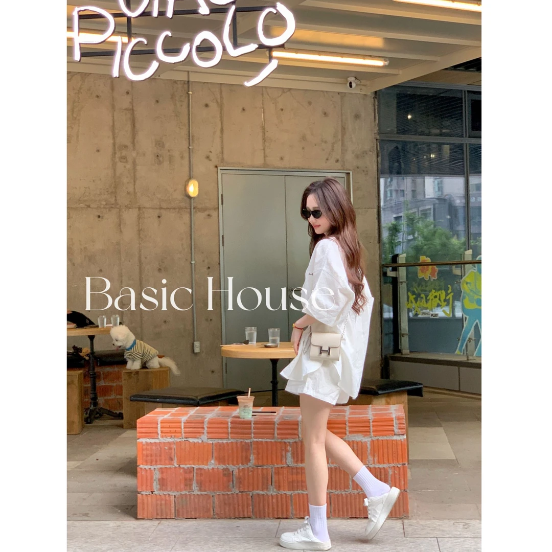 Basic House/百家好简约百搭休闲时尚潮流宽松短袖短裤套装JH
