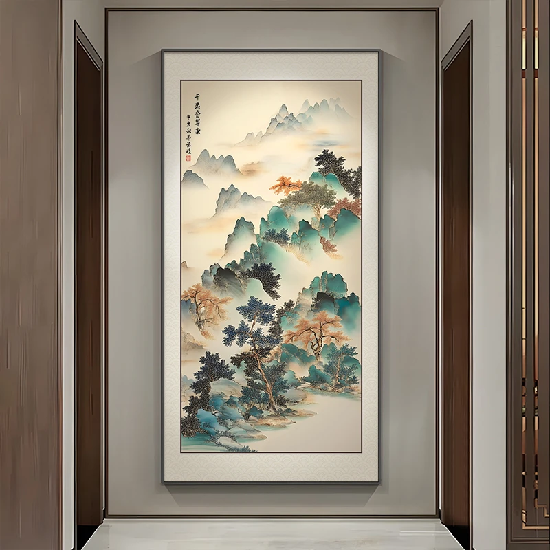国画山水画新中式大气玄关装饰画高级感走廊过道挂画客厅竖版壁画