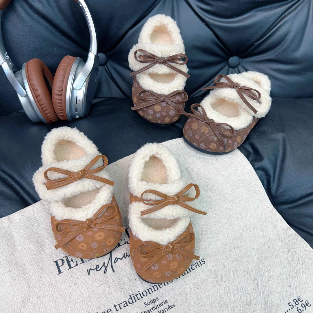 冬季新款小碎花双蝴蝶结加绒毛毛鞋250617