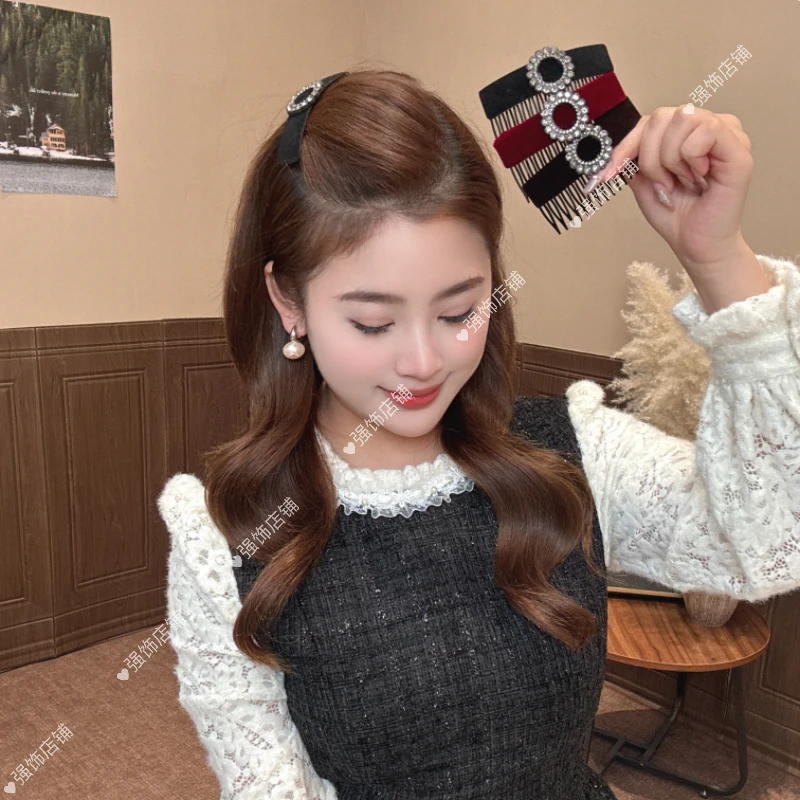 强饰店铺 秋冬新款丝绒亮钻倒插梳蓬松高颅顶后脑勺碎发固定神器