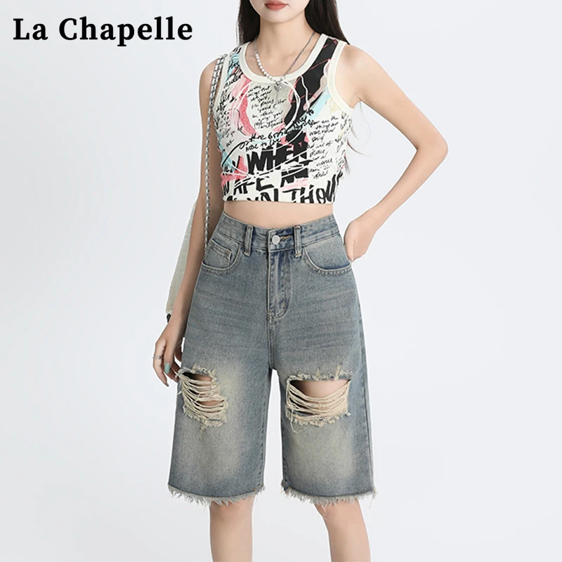 拉夏贝尔复古美式直筒中裤破洞牛仔裤女宽松显瘦高街五分短裤子夏